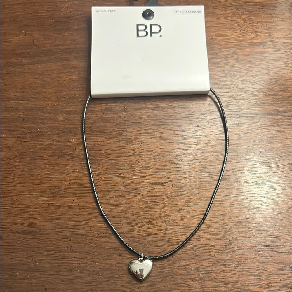 bp Silver Heart Pendant on Black Cord Necklace